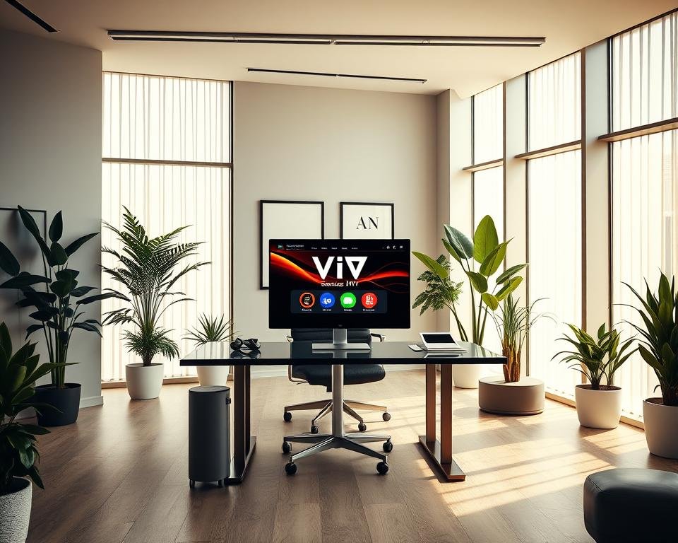 A vibrant and modern office interior, with a prominent desk showcasing a computer screen displaying a VIP IPTV service interface. The desk is surrounded by sleek office furniture, lush potted plants, and floor-to-ceiling windows that allow natural light to flood the space. The walls are adorned with minimalist decor, creating a professional yet inviting atmosphere. The lighting is a warm, soft-focus glow, accentuating the clean lines and high-end materials of the furnishings. The overall composition conveys a sense of authority, reliability, and technological sophistication, perfectly suited to represent the top VIP IPTV providers in France.