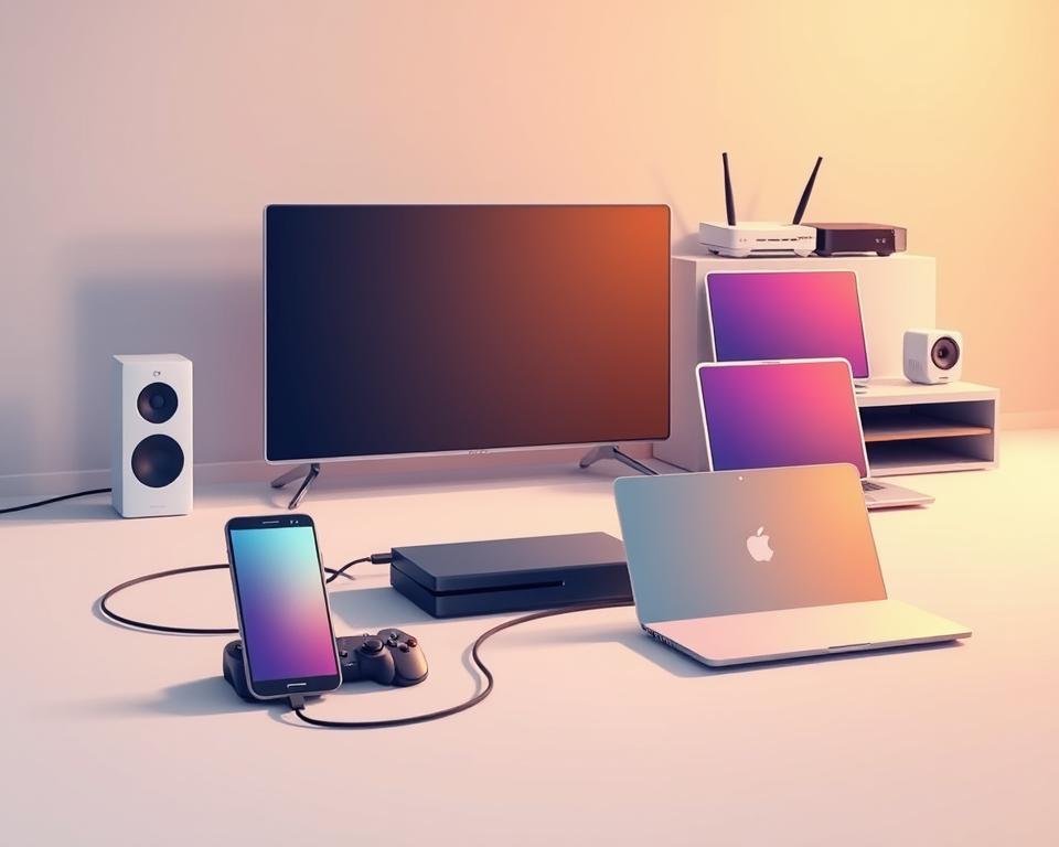 A vibrant, high-resolution digital illustration depicting various electronic devices arranged in a harmonious layout, showcasing their compatibility. The foreground features a modern smart TV, a sleek smartphone, and a cutting-edge gaming console, all connected by sleek cables and wireless connections. The middle ground includes a tablet, a laptop, and a streaming media player, seamlessly integrated. In the background, a network router and a virtual assistant device create a sense of a connected, smart home environment. The color palette is a balance of warm and cool tones, with a clean, minimalist aesthetic. Soft, directional lighting casts subtle shadows, highlighting the technological features of the devices. The overall composition conveys the idea of seamless device integration and interoperability. A vibrant, high-resolution digital illustration depicting various electronic devices arranged in a harmonious layout, showcasing their compatibility. The foreground features a modern smart TV, a sleek smartphone, and a cutting-edge gaming console, all connected by sleek cables and wireless connections. The middle ground includes a tablet, a laptop, and a streaming media player, seamlessly integrated. In the background, a network router and a virtual assistant device create a sense of a connected, smart home environment. The color palette is a balance of warm and cool tones, with a clean, minimalist aesthetic. Soft, directional lighting casts subtle shadows, highlighting the technological features of the devices. The overall composition conveys the idea of seamless device integration and interoperability.