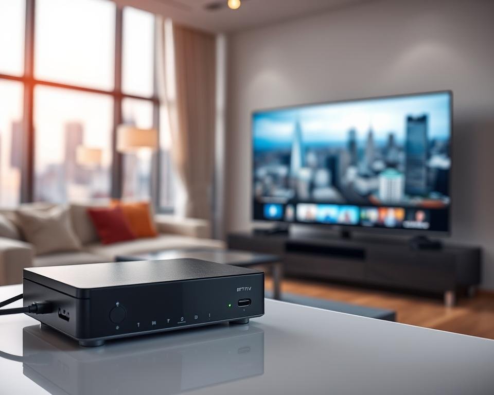 A well-lit and focused image showcasing the quality of IPTV streaming. In the foreground, a streaming device connected to a TV, with a clean and minimalist interface displaying high-definition video. The middle ground features a modern living room setting, with comfortable seating and natural lighting through large windows. In the background, a blurred city skyline, representing the global reach and accessibility of IPTV services. The overall mood is one of clarity, connectivity, and visual fidelity, reflecting the essential criteria for evaluating a top-tier IPTV offering.