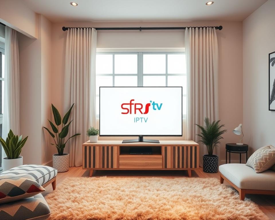 An elegant studio interior, bathed in warm, soft lighting. At the center, a sleek, modern TV set displaying the "SFR TV" logo and "IPTV" branding. The TV is positioned on a minimalist, wood-grain media console, surrounded by modern decor elements - potted plants, geometric-patterned throw pillows, and a plush, beige area rug. The walls are painted in a soothing, neutral tone, with a large window in the background, allowing natural light to filter in. The overall atmosphere conveys a sense of sophistication and tech-savvy entertainment.