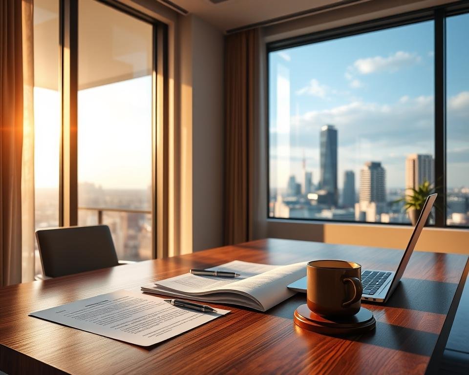 Prompt A high-resolution, photorealistic image of legal aspects of IPTV services in France. A modern office interior with a large window overlooking a city skyline. On the desk, there are legal documents, a laptop, and a mug of coffee. The room is bathed in warm, natural lighting. The mood is professional and authoritative, conveying the seriousness and complexity of the legal landscape surrounding IPTV streaming in the country. The image should focus on the key elements without distracting details, providing a clear visual representation of the legal considerations discussed in the article section.