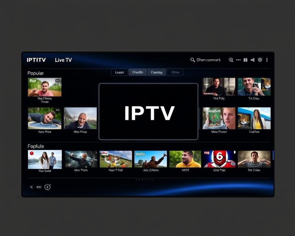Prompt A sleek and modern software interface for IPTV streaming, featuring a clean layout with a central video player and intuitive navigation controls. The display shows a selection of popular live TV channels, with thumbnails and channel names clearly visible. The interface has a dark, minimalist aesthetic with subtle gradients and soft lighting, creating a professional and user-friendly atmosphere. The overall design conveys a sense of high-quality, reliable IPTV service, suitable for both casual and power users.